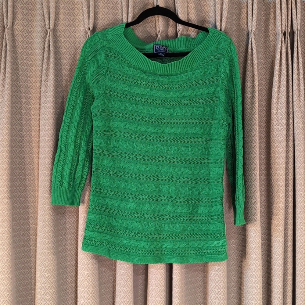 Women's Size Petite Large Chaps Village Green Cable Knit Sweater Boat Neck